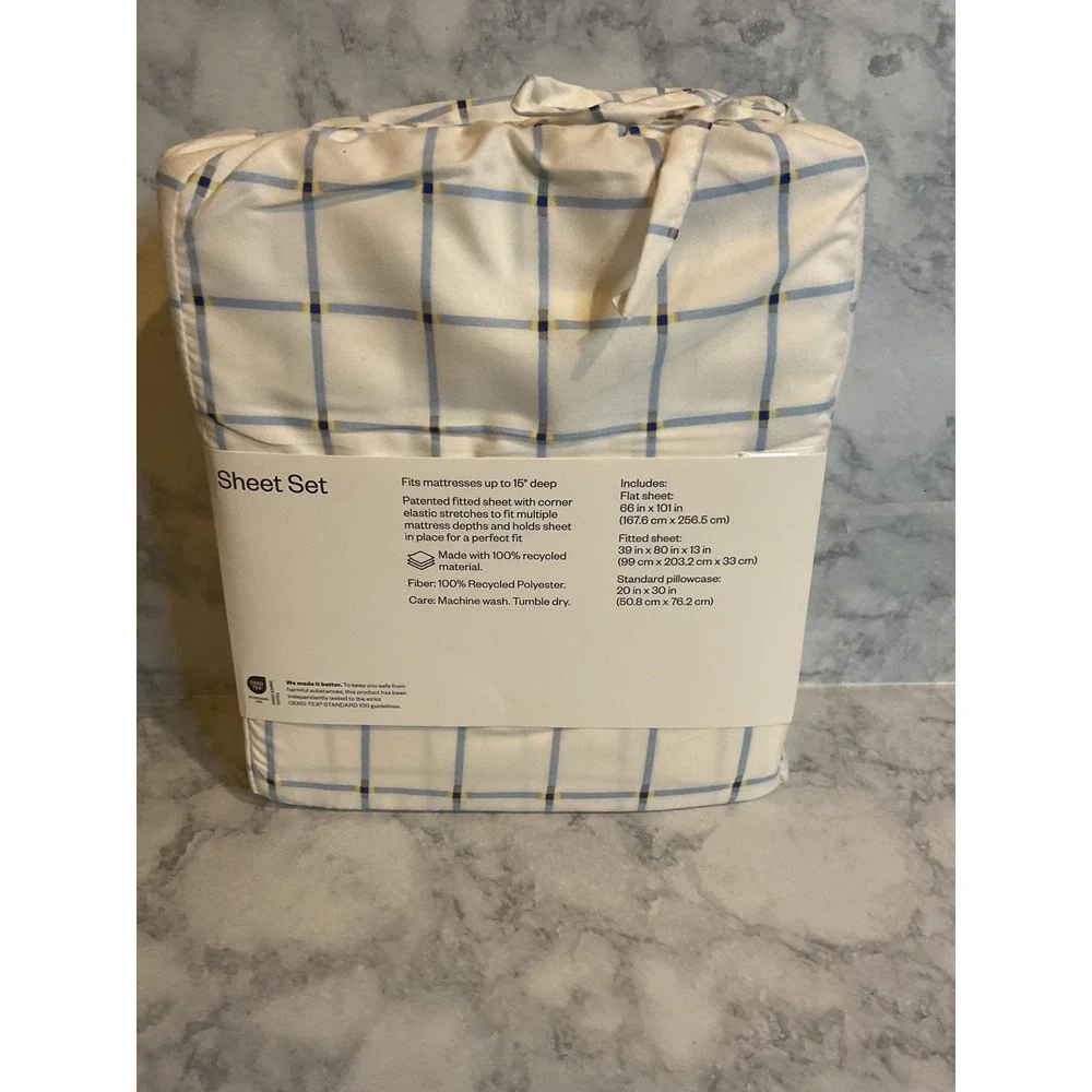 Room Essentials Twin XL Microfiber Sheet Set Blue Yellow Grid Pattern 3 Piece